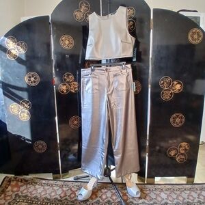 NWT Women size L heavy Faux Leather pants, metallic Silver Smoke, patch pockets